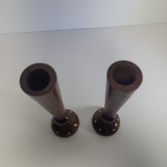 Pair Etched Wood Candlesticks 8" Thin, stars, swirls Made In India Vintage MCM - Picture 5 of 8